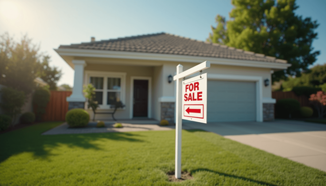 Eye-level view of a suburban house with a For Sale sign