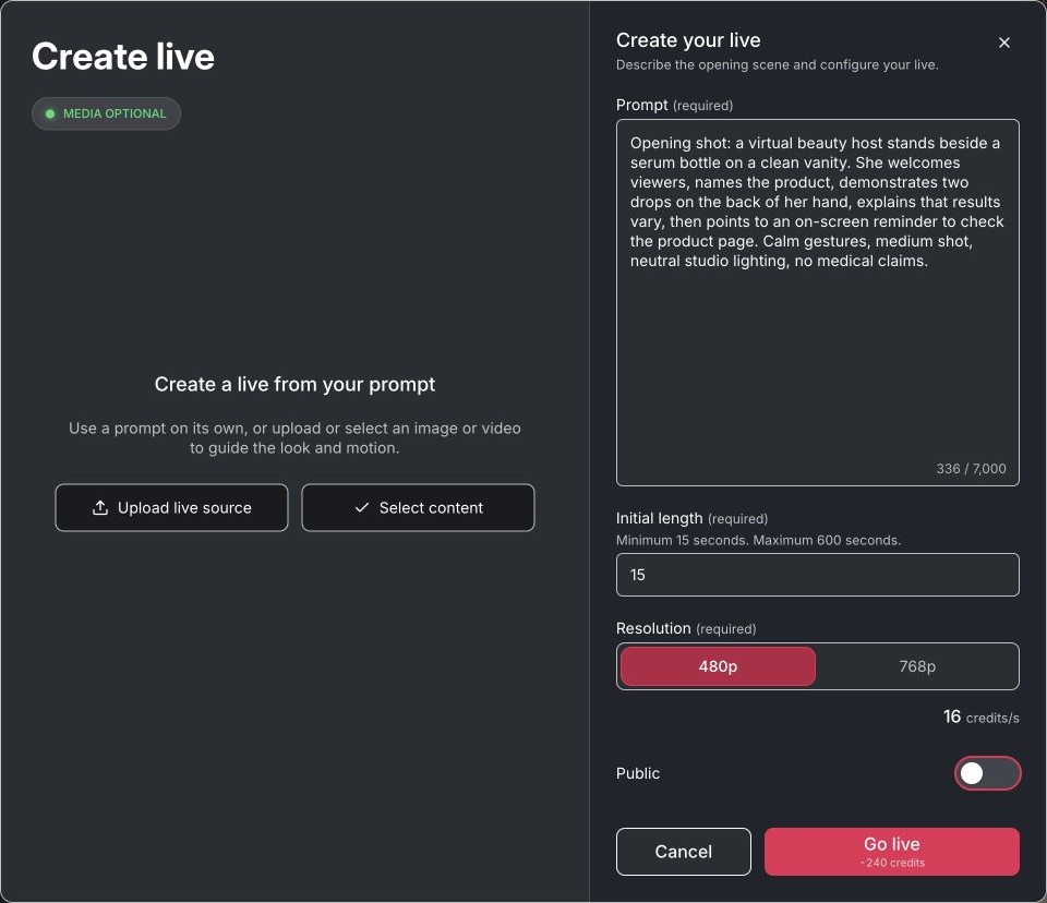 AI live host opening-scene prompt for a skincare product demonstration