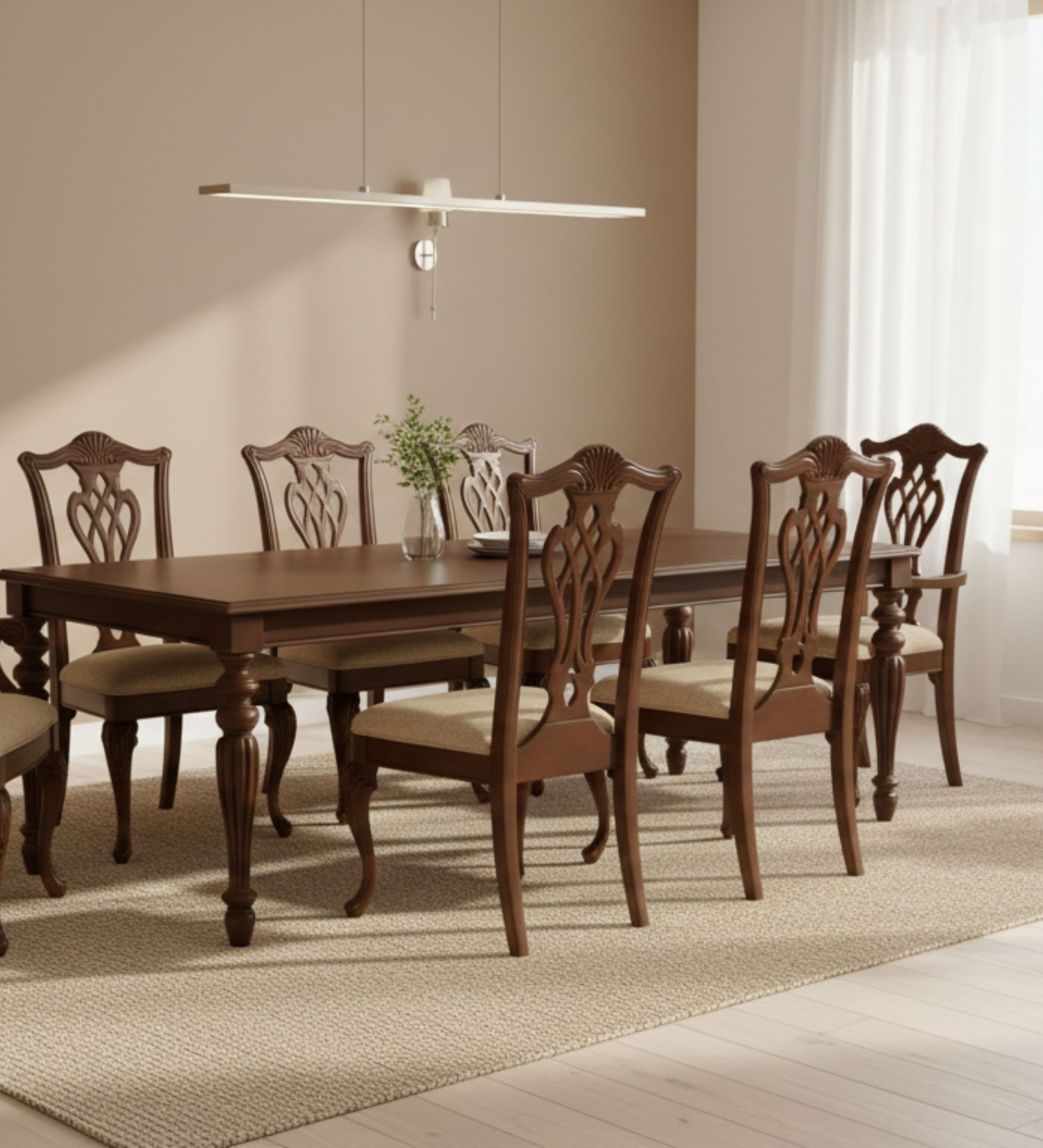 Solid wood dining set with sculpted leg profiles and coordinated high‑back chairs