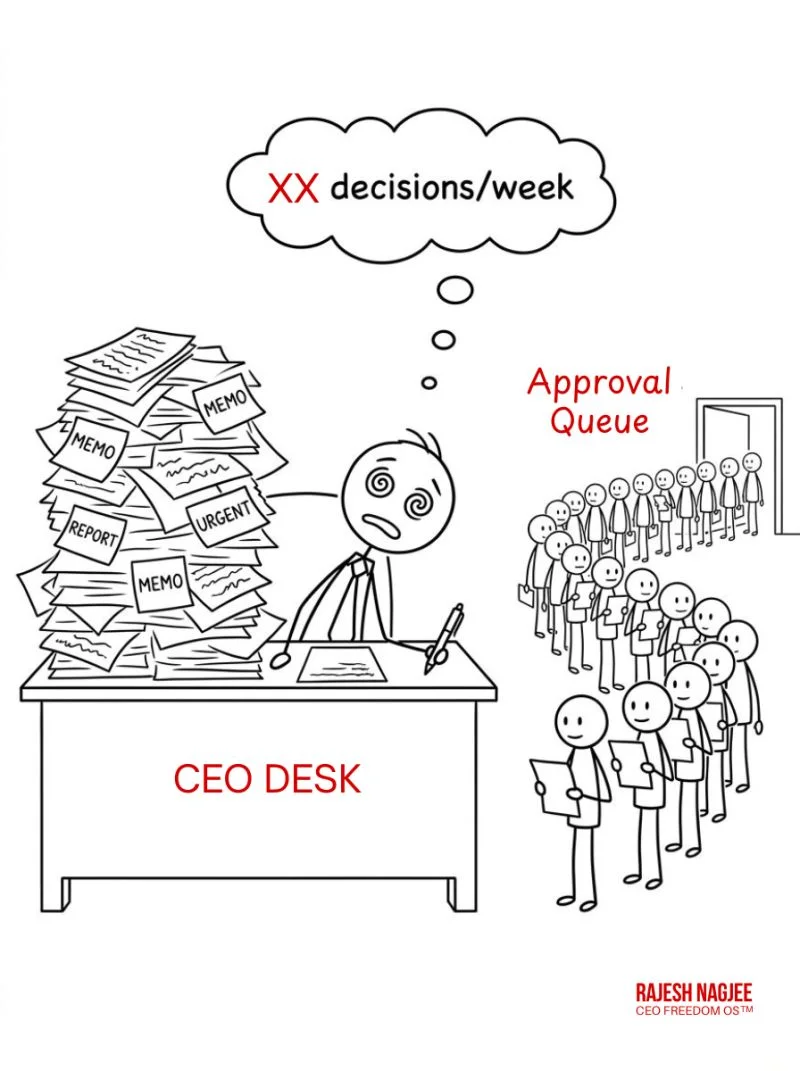 CEO desk buried in memos and urgent reports with a long approval queue of team members waiting for decisions — illustrating decision bottleneck and founder dependency. — Rajesh Nagjee, CEO Freedom OS™