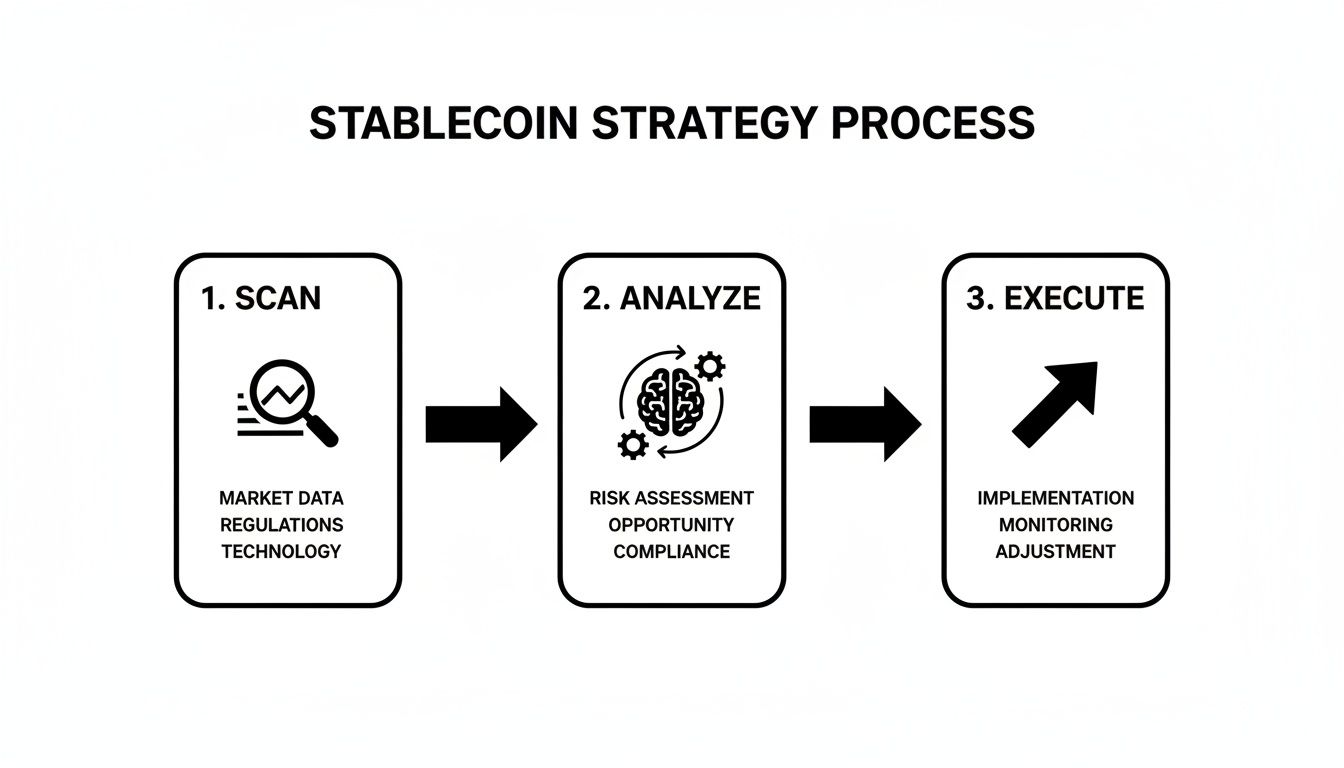 A three-step Stablecoin Strategy Process flowchart: Scan, Analyze, and Execute, with details under each.