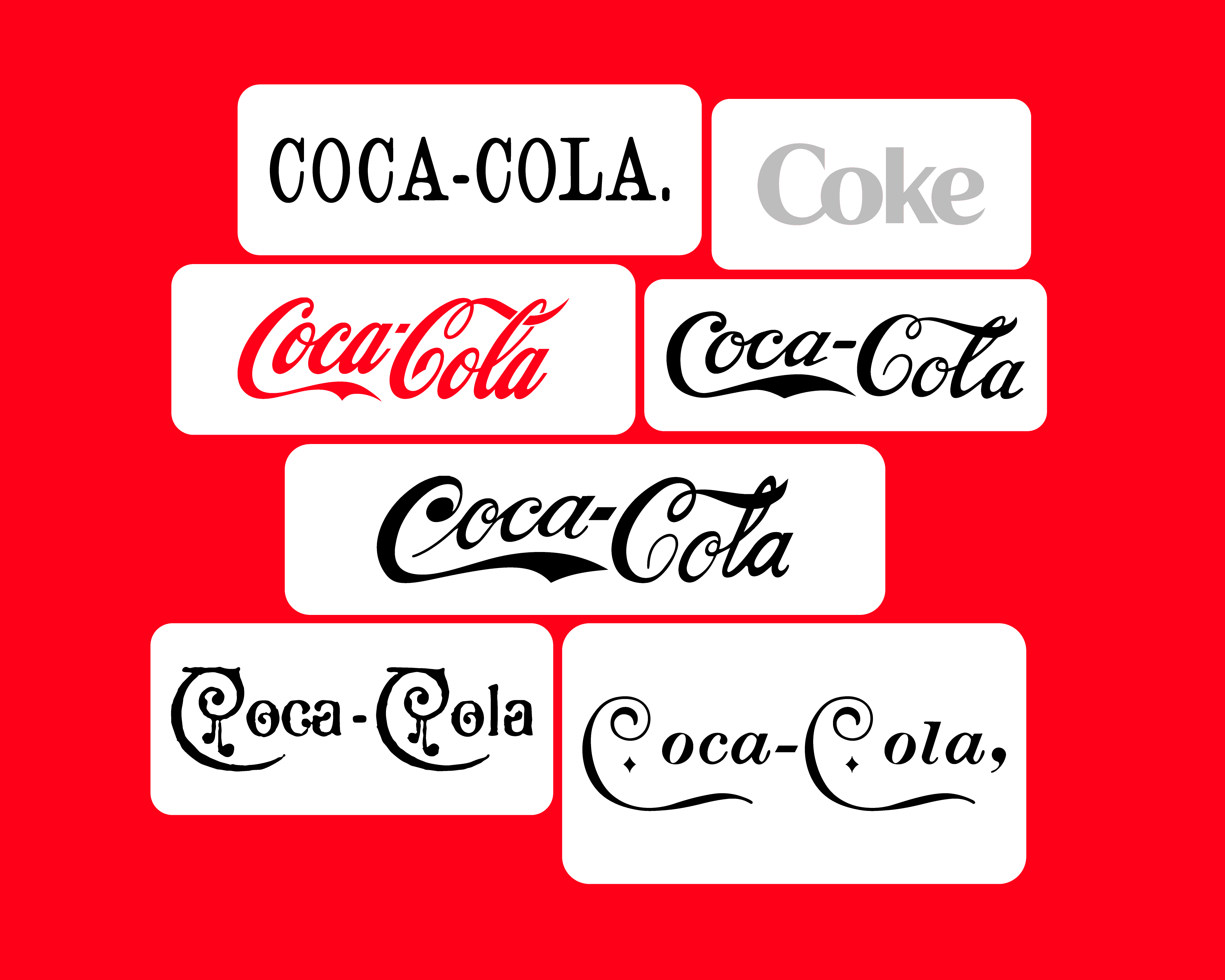 A visual timeline of Coca-Cola wordmark variations, showing how typography and color remain consistent while the logo evolves across different eras.