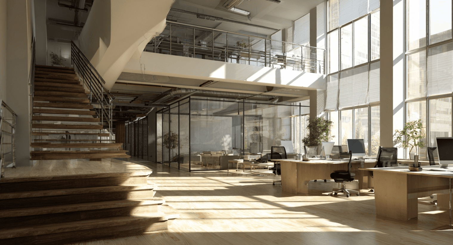 Two men discuss a project while standing at a laptop in an office.