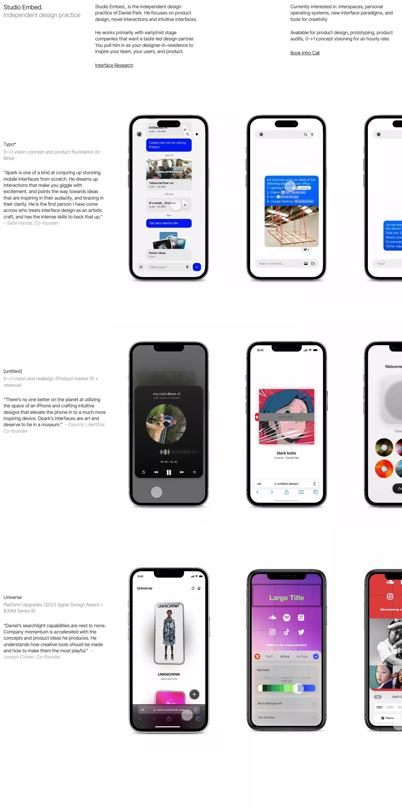 studio embed. portfolio page screenshot showcasing Design design