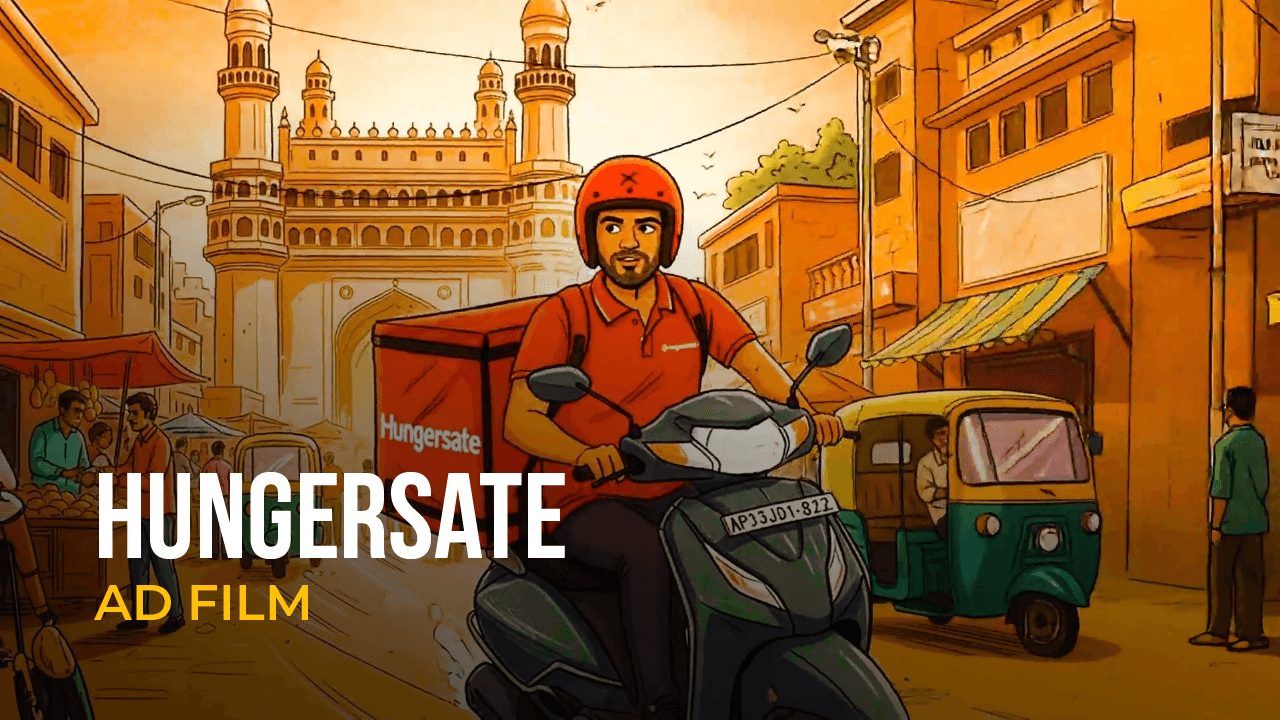Animated food delivery rider on a city street for a Hungersate advertisement film.