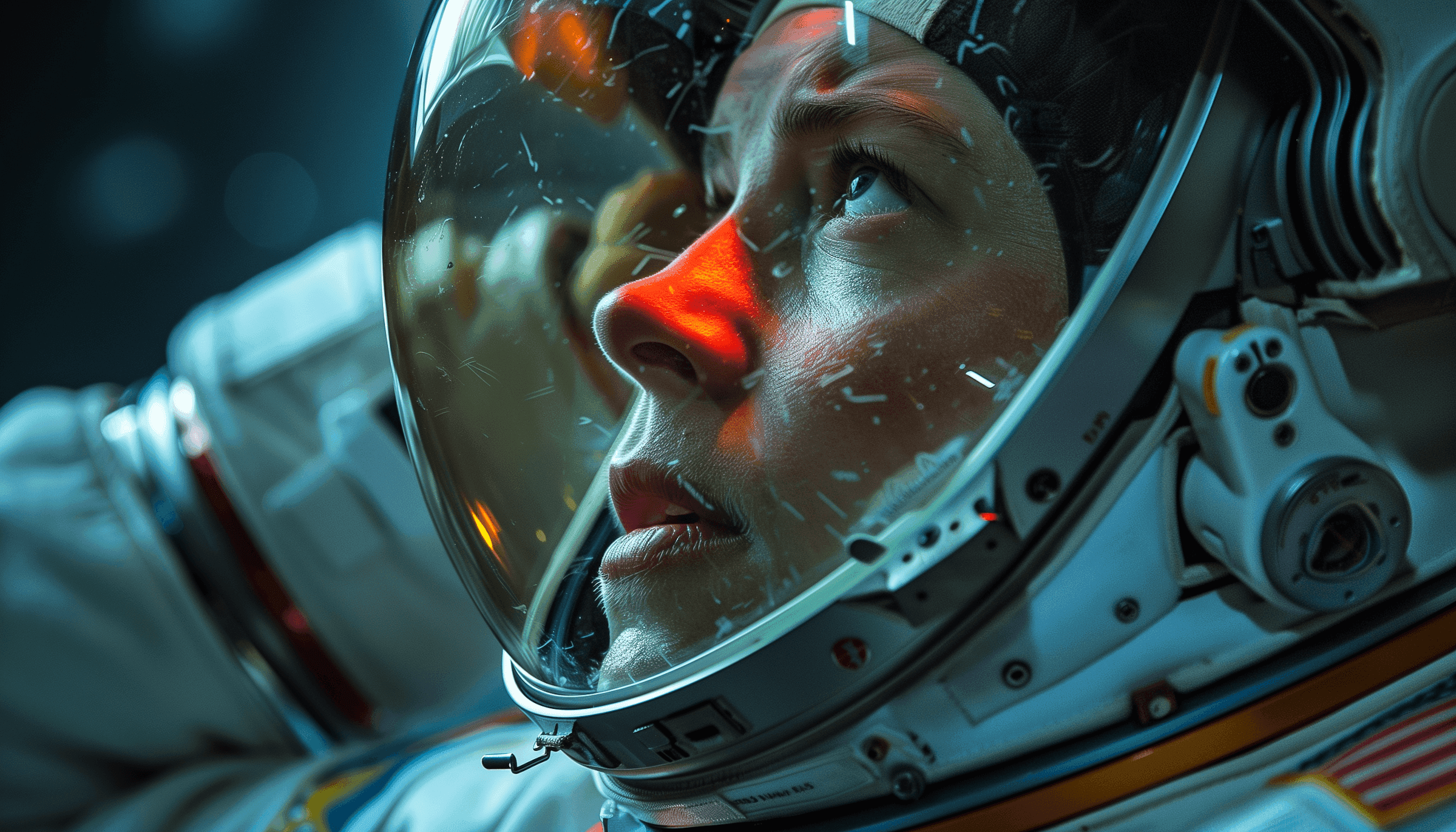 Astronaut looking upward inside helmet with glowing light