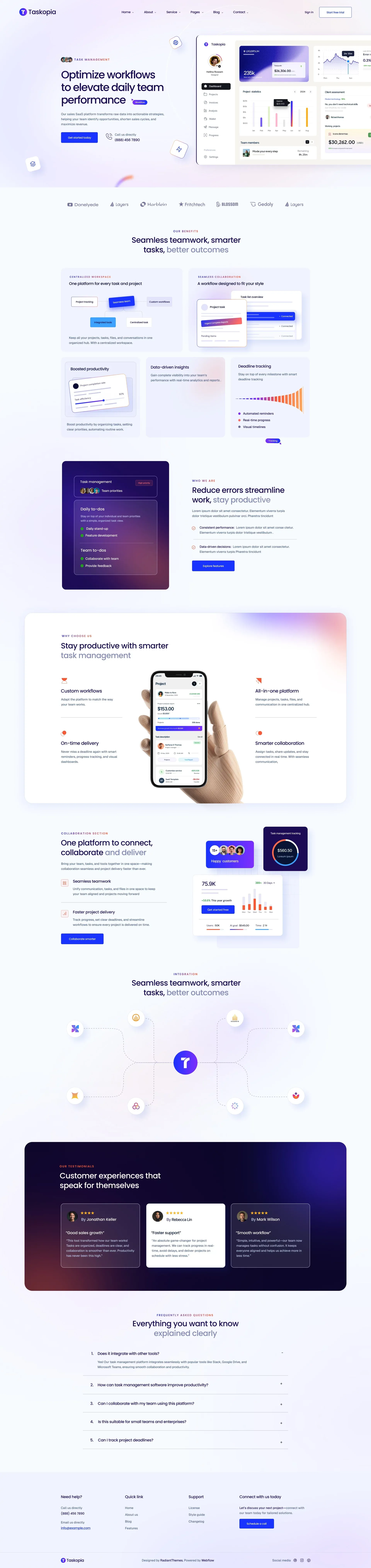 Taskopia - Webflow HTML website template landing page screenshot showcasing AI and Finance design