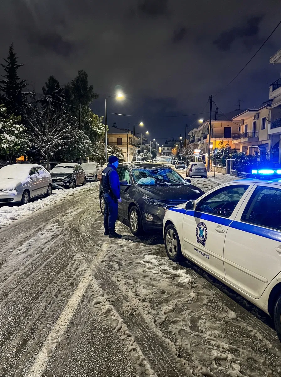 Nighttime street scene in Greece with police car and damaged parked vehicles.