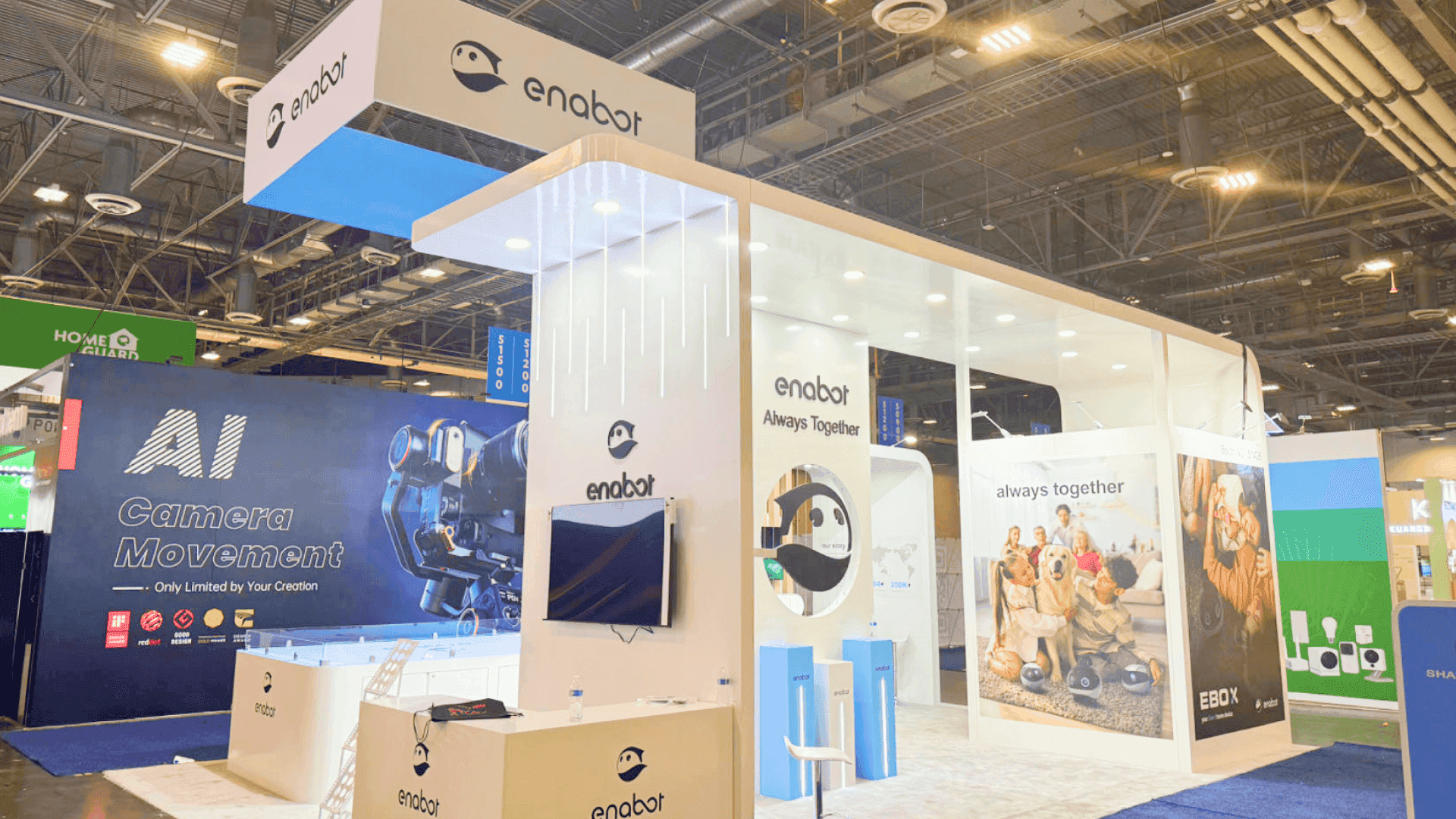 20x30 CES booth projects grouped by demo zones, presentation walls, and conversation space