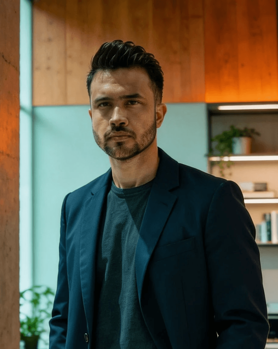 Young man with wavy hair wears a dark overcoat, rust-colored sweater, white shirt, and patterned tie, exuding a poised and sophisticated demeanor.