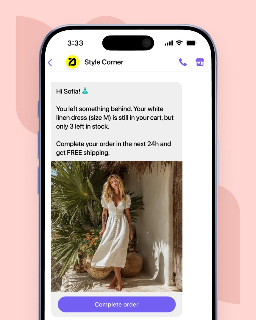 Viber messaging campaign showcasing a personalized message that aims to help a fashion e-commerce store recover abandoned carts.