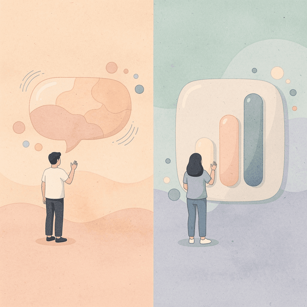 Split scene illustration showing different business approaches for 4imprint vs Vistaprint