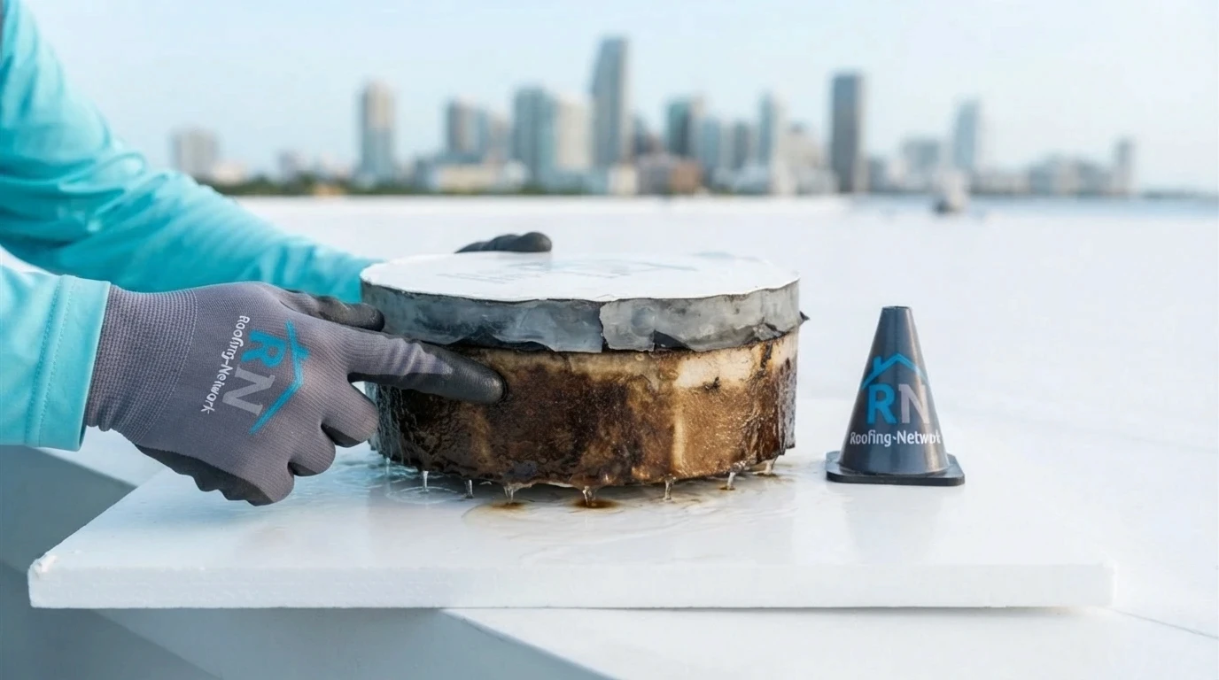 Core cut sample showing saturated insulation on a West Palm Beach commercial roof