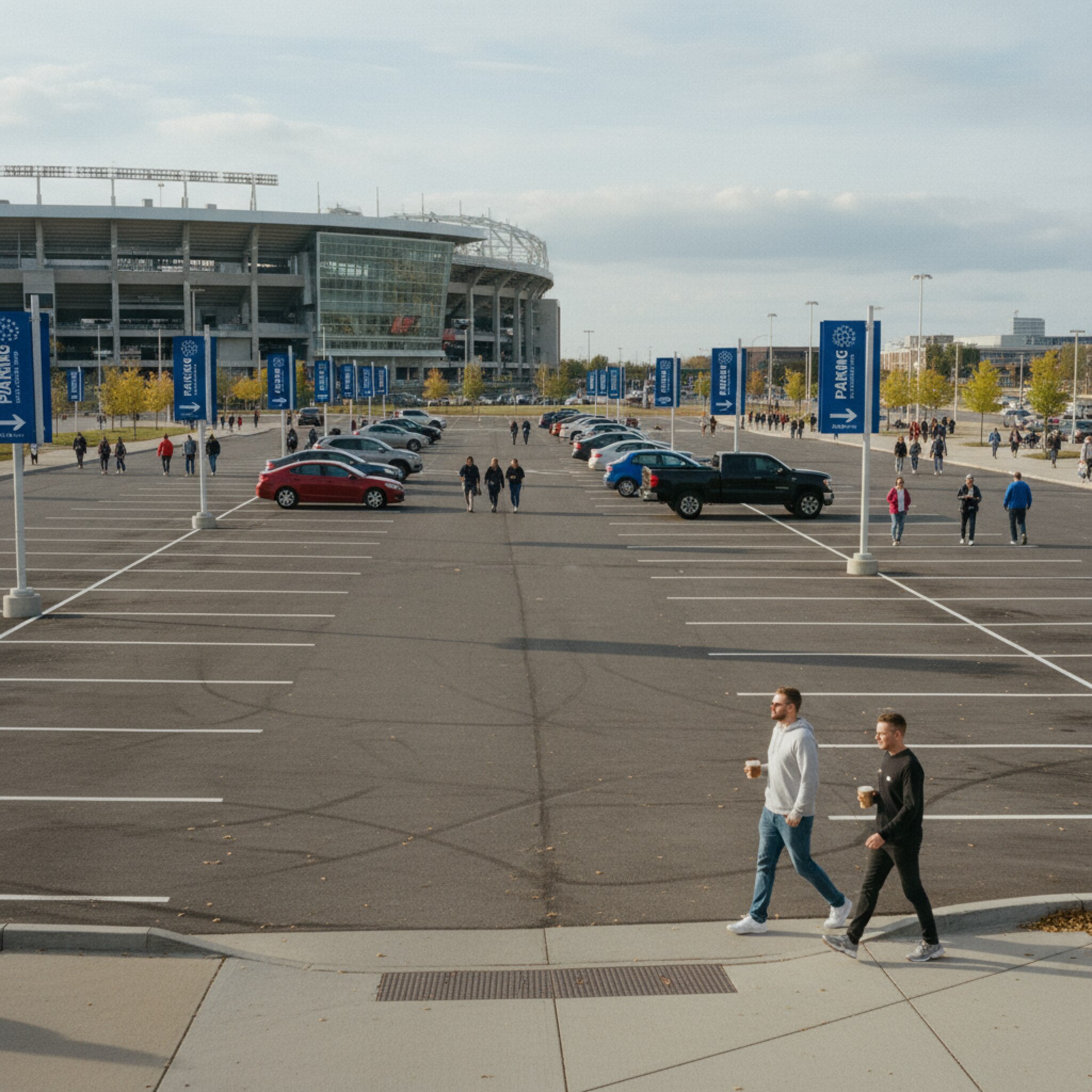 Ein Parkplatz in Stadtnähe zeigt am Vormittag vereinzelte Fahrzeuge und weite freie Flächen. Im Hintergrund ragt ein Stadion, Menschenströme kündigen eine spätere Spitze an. Deutlich sichtbare Markierungen strukturieren die Reihen. Die Szene vermittelt wechselnde Nachfrage und klare Ordnung ohne Durcheinander.