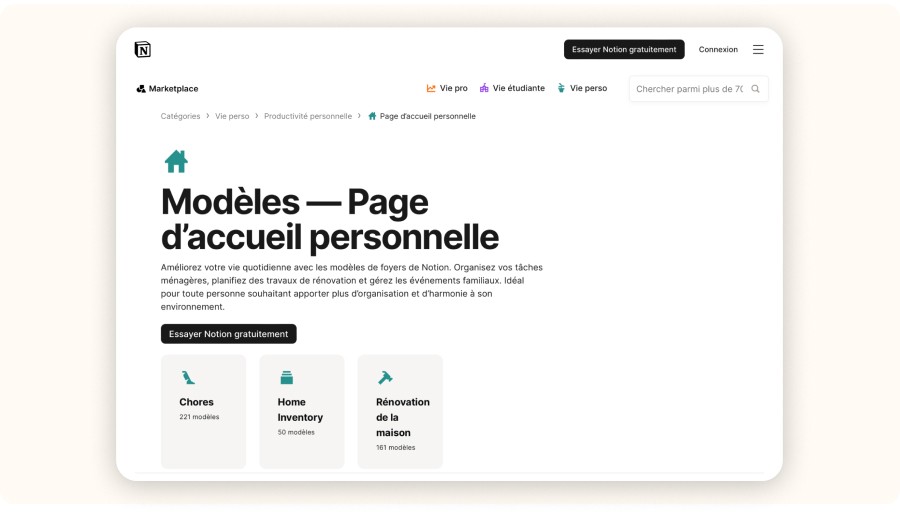 Page d’accueil de Notion