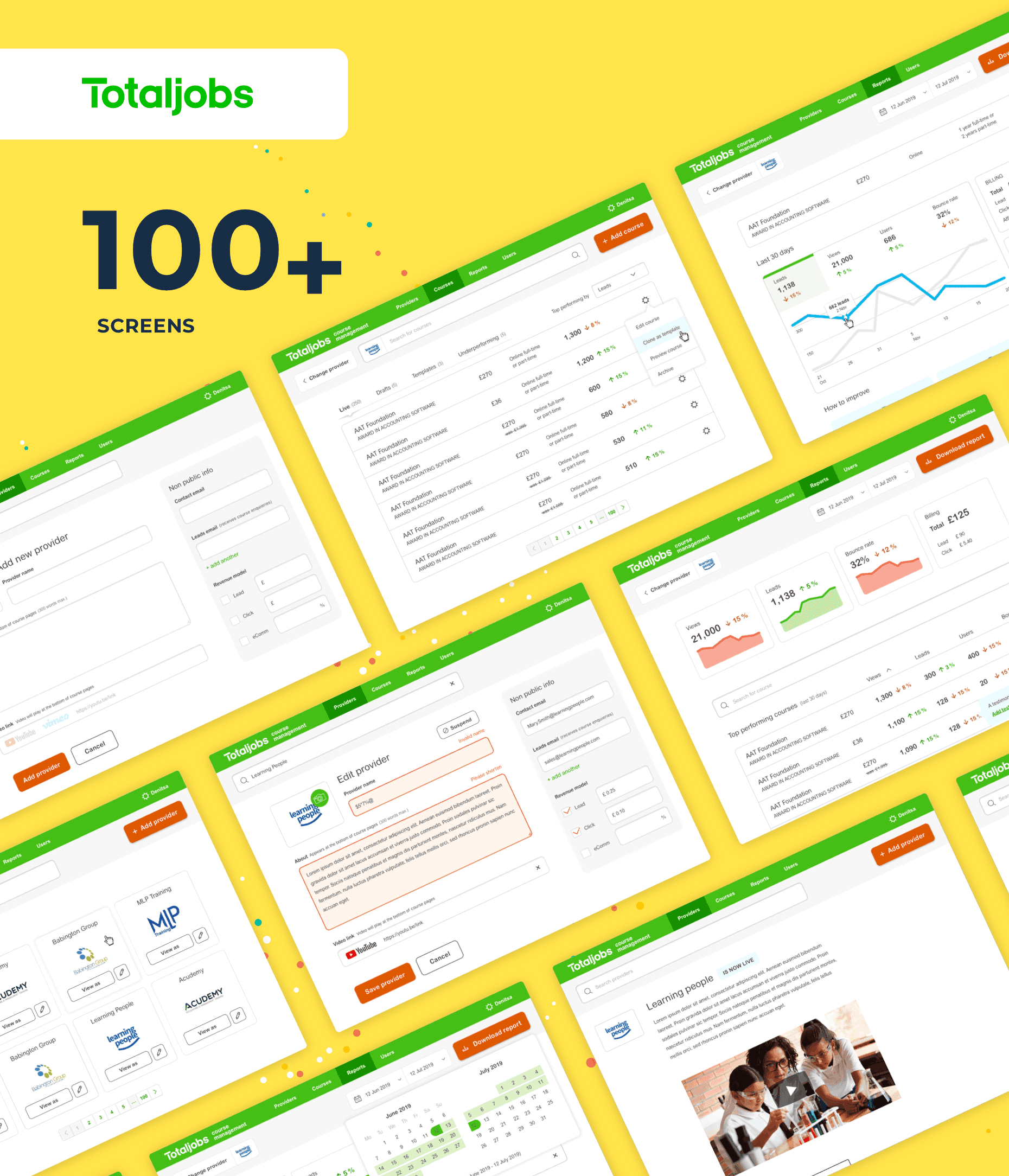 Multiple screens from the course provider CMS showing analytic screens, etc. on a bright yellow background stating 100+ screens for Totaljobs