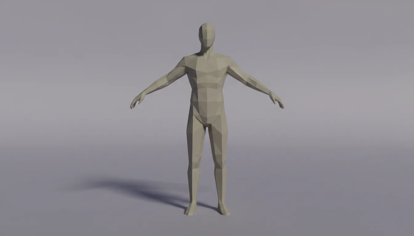 3D render of a low-poly humanoid character model in a T-pose, Blender style. The faceless figure is composed of visible flat polygons with a matte taupe material. The model is centered against a minimalist studio backdrop with a soft, purplish-gray gradient. Lit by soft global illumination, creating subtle shadows that define the character's form.