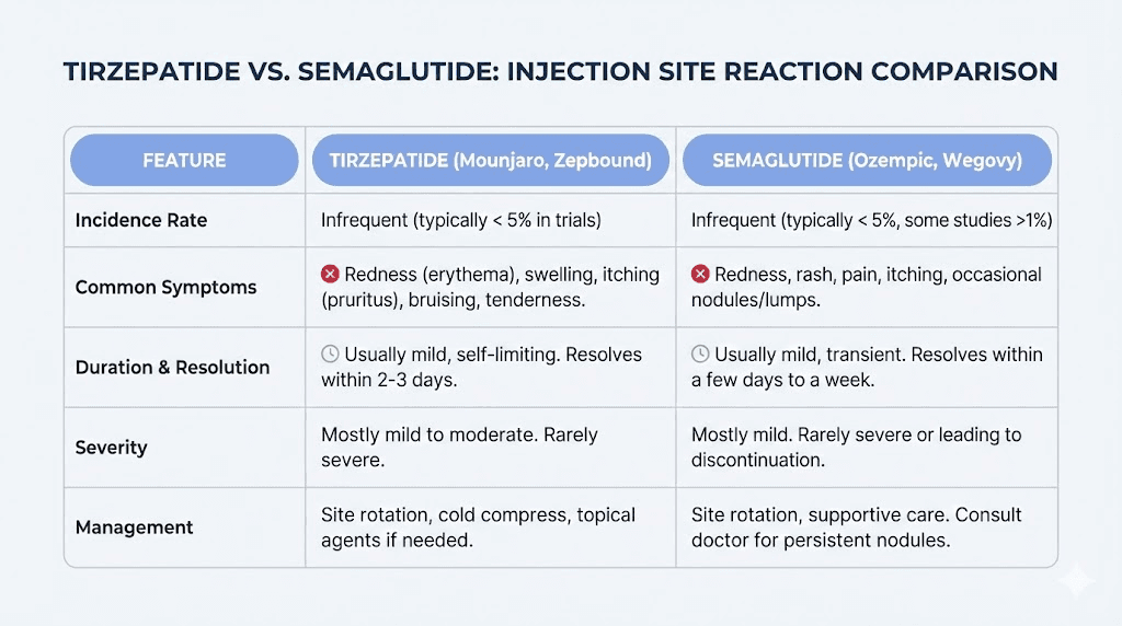 Tirzepatide versus semaglutide injection site reaction rates comparison