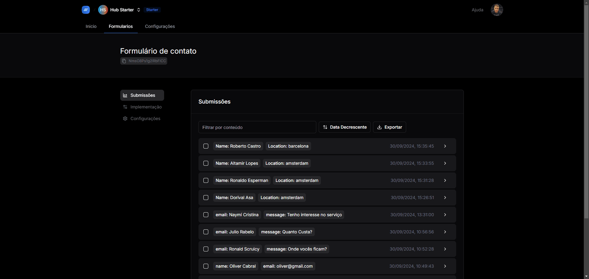 Visão da plataforma de gestão de formulário Hubform