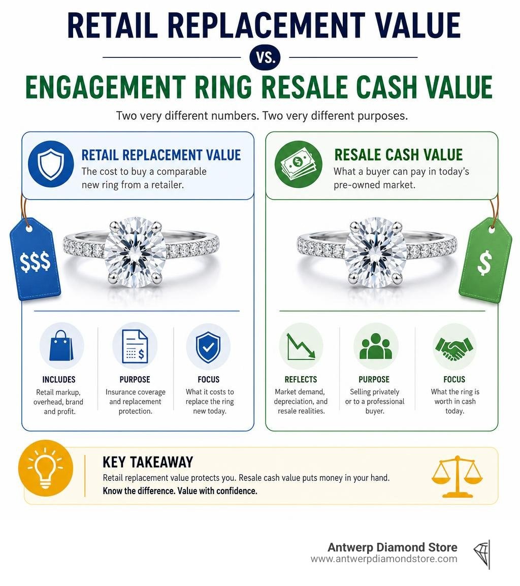 Retail replacement value compared with engagement ring resale cash value infographic
