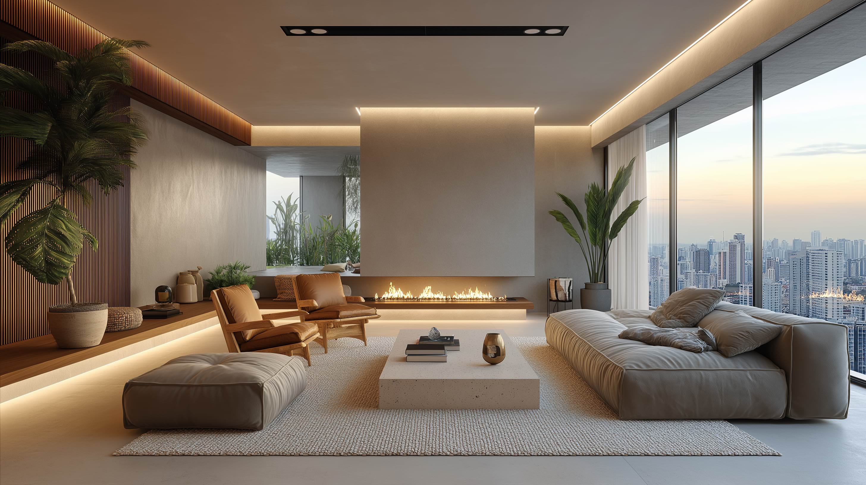 Modern living room with a large beige sofa, armchairs, and a central fireplace. Floor-to-ceiling windows offer a cityscape view at sunset. Cozy and elegant ambiance.