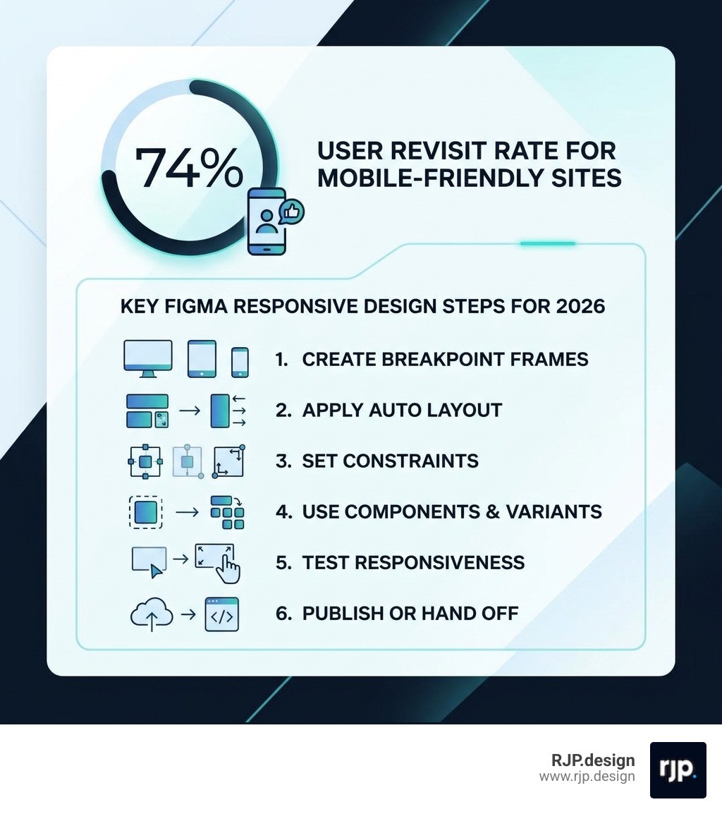 Infographic showing 74% user revisit rate for mobile-friendly sites and key Figma responsive design steps for 2026 - figma