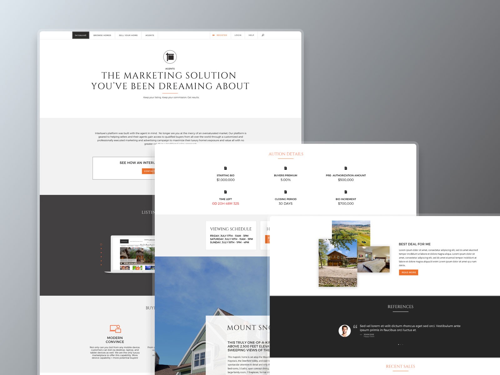 Real estate marketing website mockup featuring auction details, viewing schedule, and property listings. The layout includes a hero heading promoting marketing solutions for agents, with clean white and dark sections and orange accent elements.