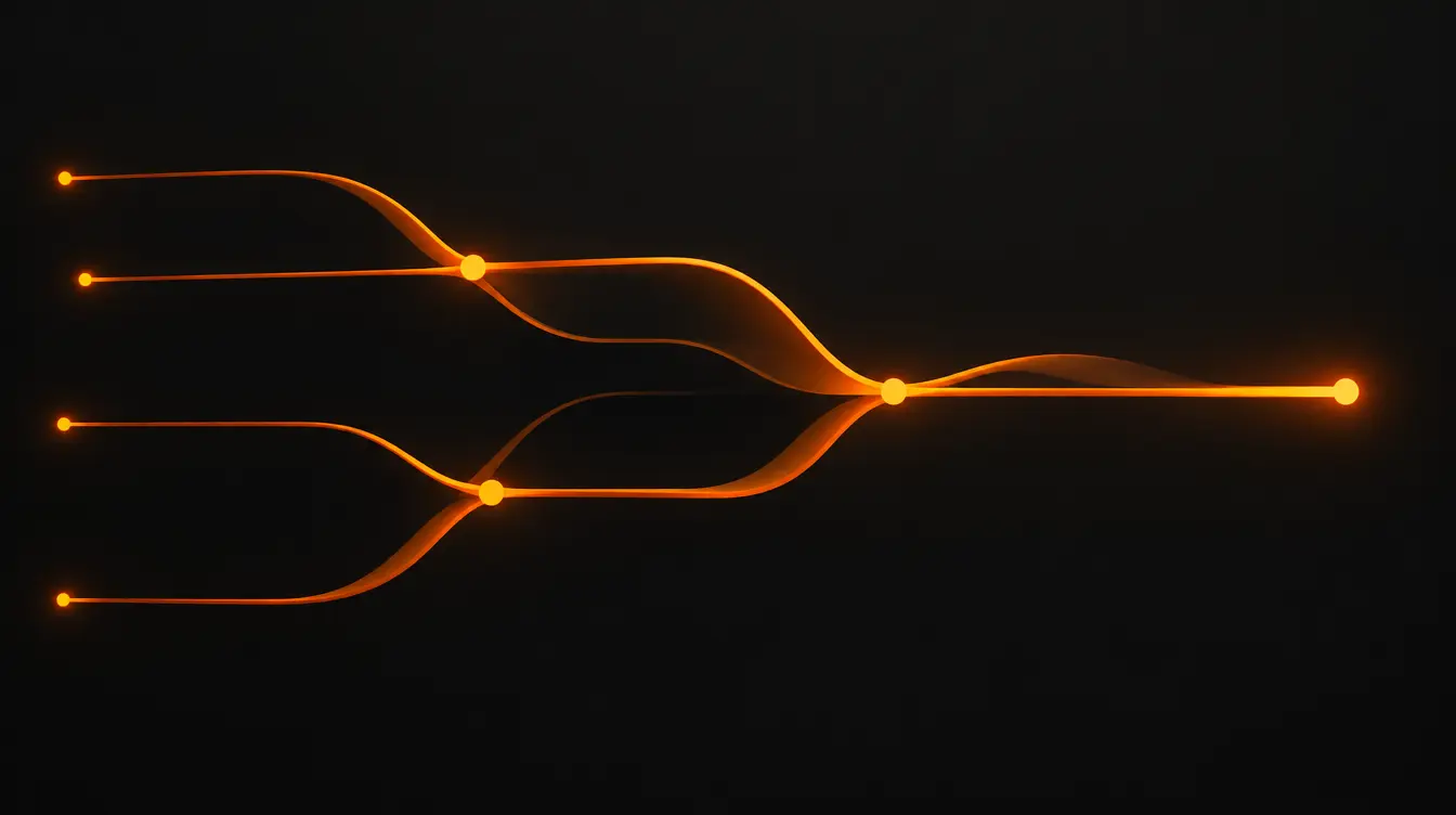 Connected orange flow lines forming an automated pathway, representing workflow automation