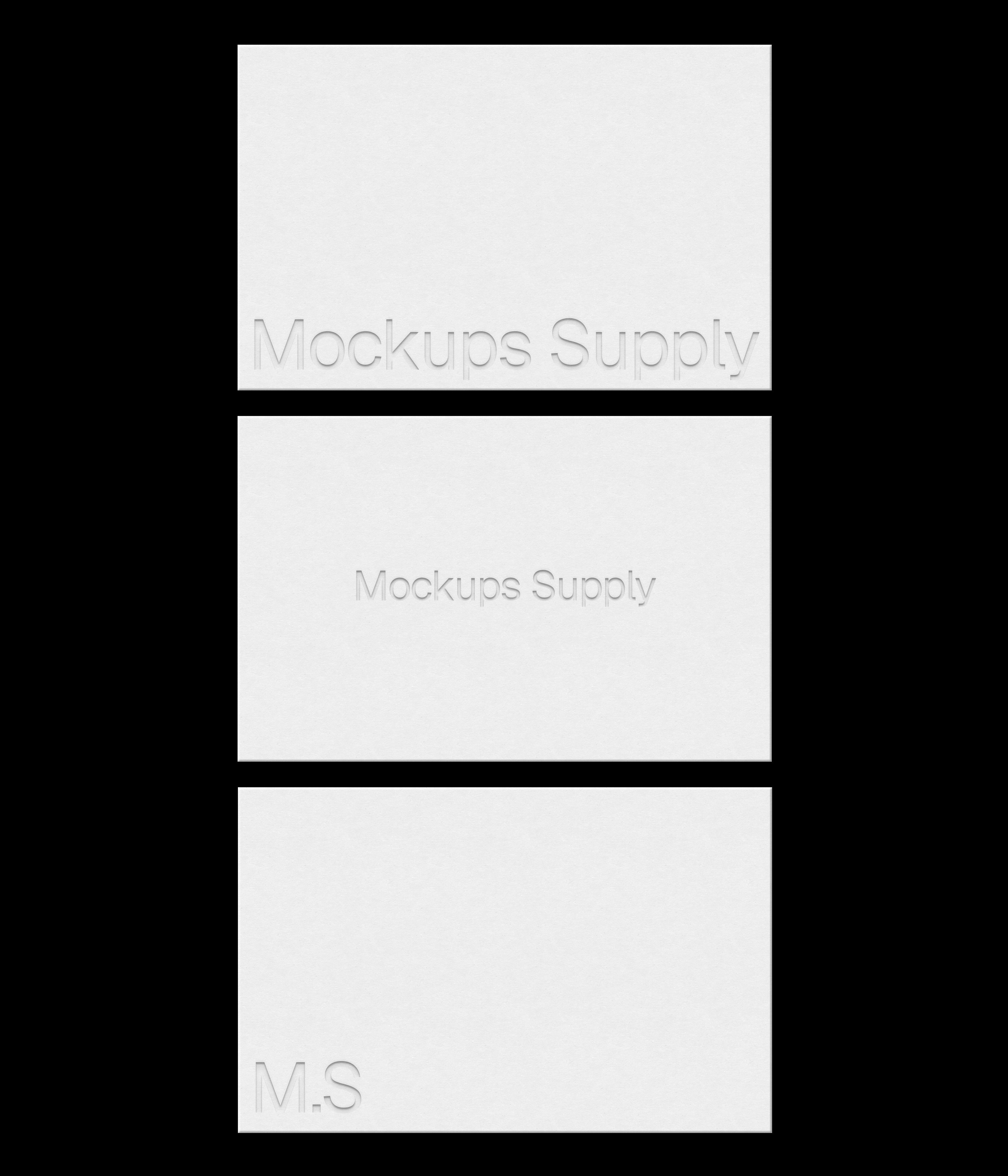 3 European business cards mockup landscape in column for Photoshop with debossed text effect, white cards on black background, minimal branding and stationery presentation