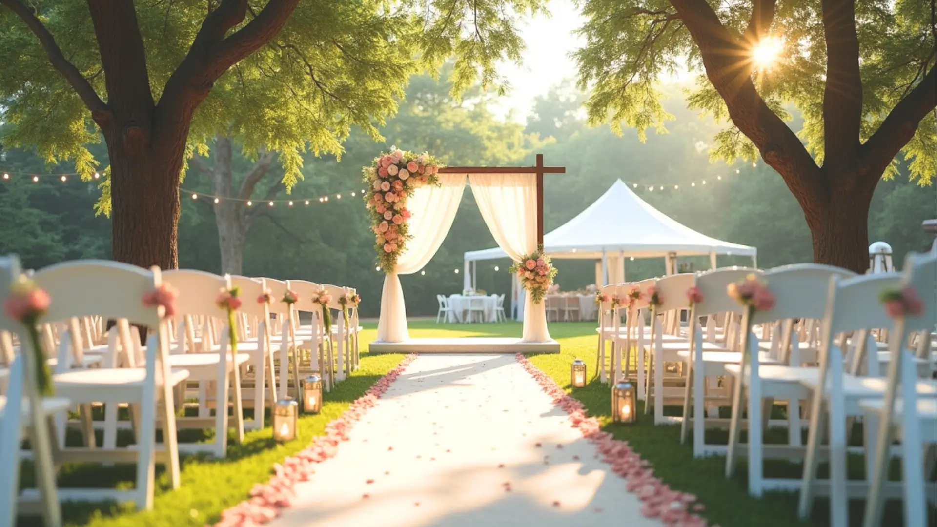 Elegant outdoor wedding ceremony setup with floral arch, white chairs, lanterns, and a tent in the background at sunset.