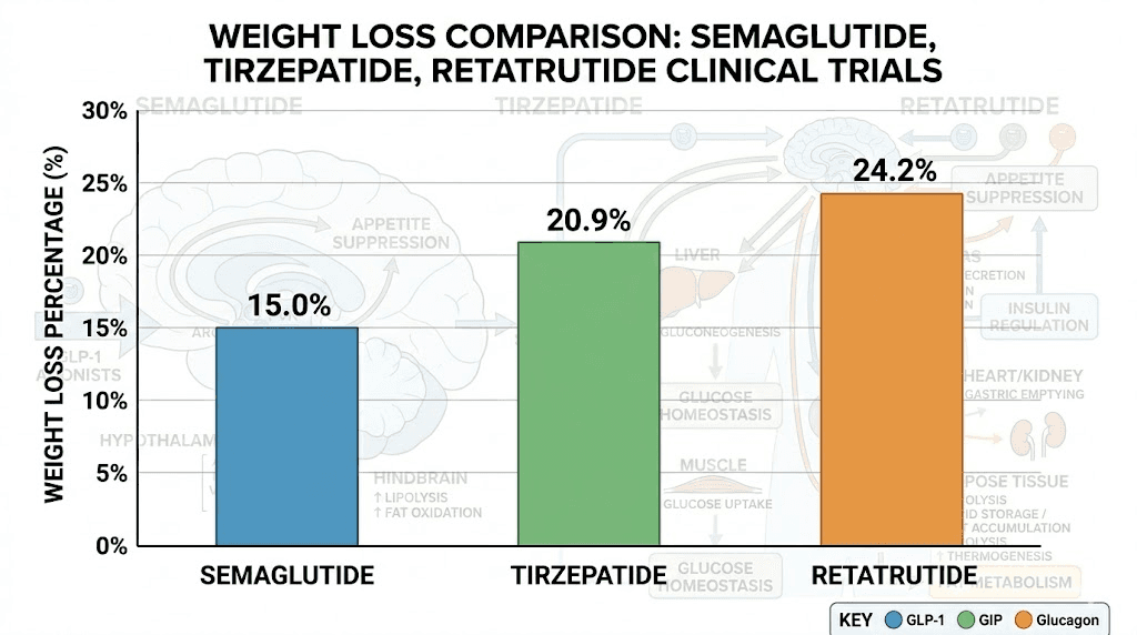 Clinical trial weight loss comparison semaglutide tirzepatide retatrutide