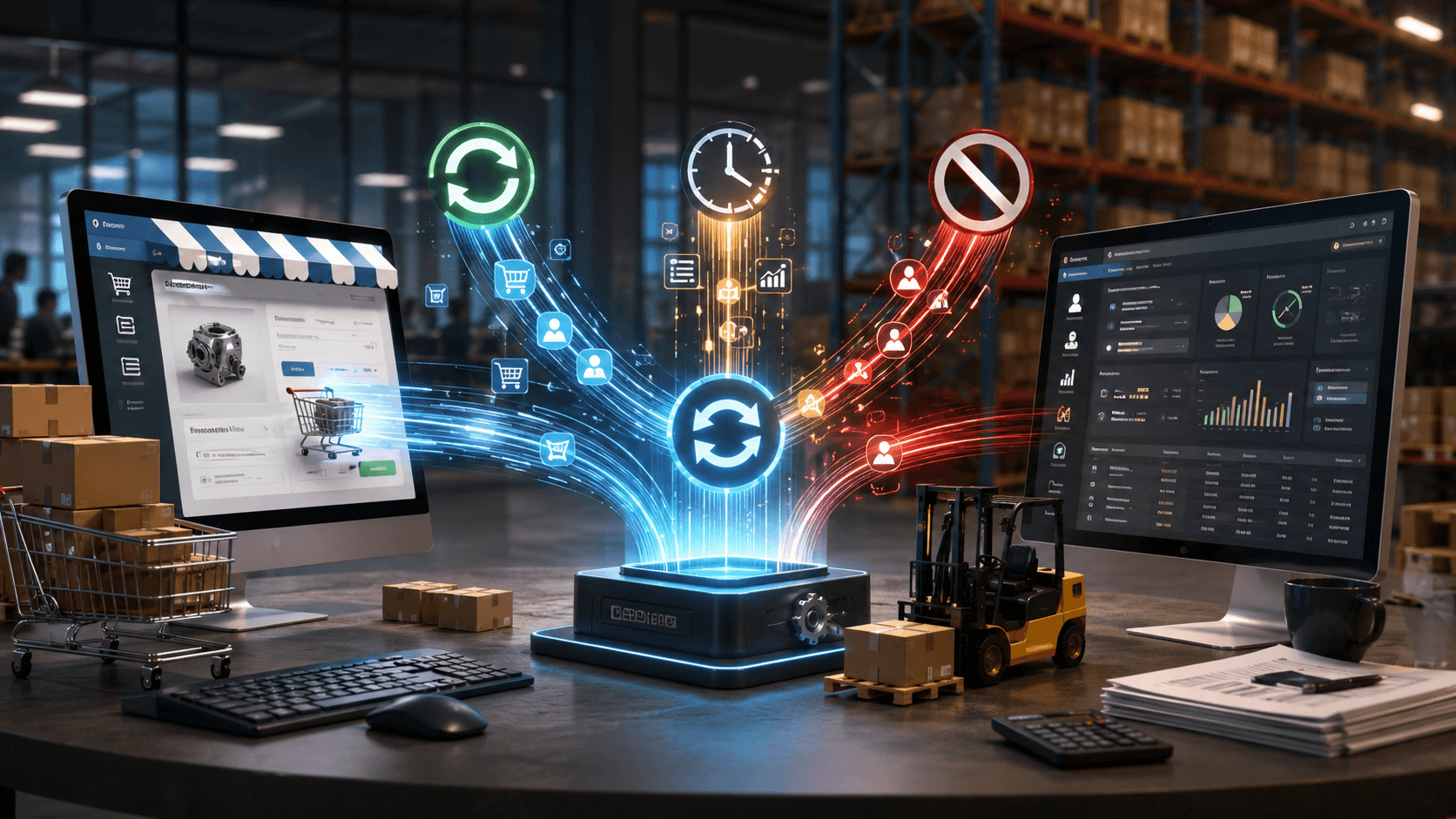 Ilustração 3D realista em formato 16:9 mostrando a integração entre um e-commerce B2B e um ERP em um ambiente logístico moderno. À esquerda, uma tela de e-commerce com carrinho, catálogo de produtos e pedidos online. À direita, um painel ERP com gráficos, estoque, clientes e pedidos. No centro, um hub digital iluminado conectando os sistemas com fluxos visuais diferentes: um fluxo azul contínuo simbolizando sincronização em tempo real, um fluxo amarelo com ícone de relógio representando integração periódica e um fluxo vermelho bloqueado indicando dados que não sincronizam. Ao redor, caixas, empilhadeira, warehouse ao fundo e elementos corporativos modernos. Atmosfera tecnológica, limpa e profissional, sem texto na imagem.