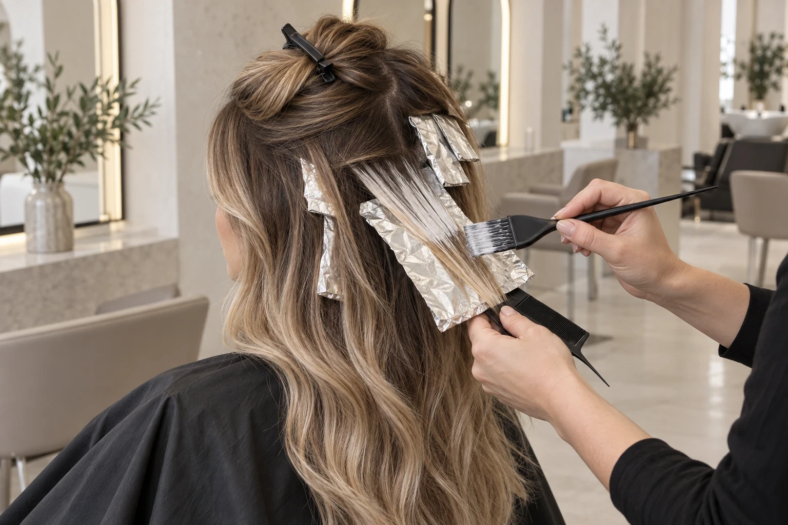 Stylist painting highlights onto hair over foils