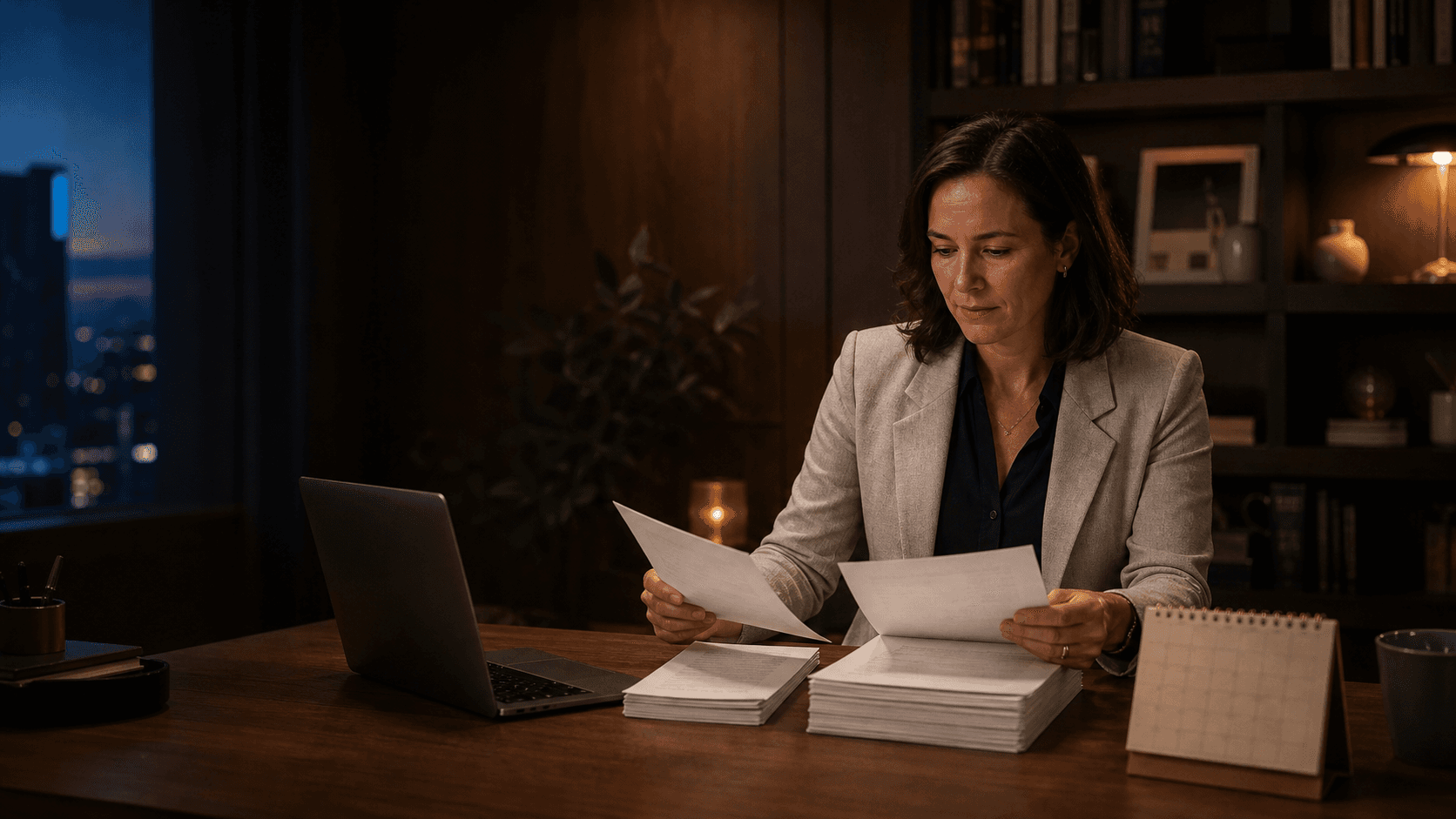 Independent financial advisor comparing month-to-month and annual website service agreements beside a laptop and calendar.
