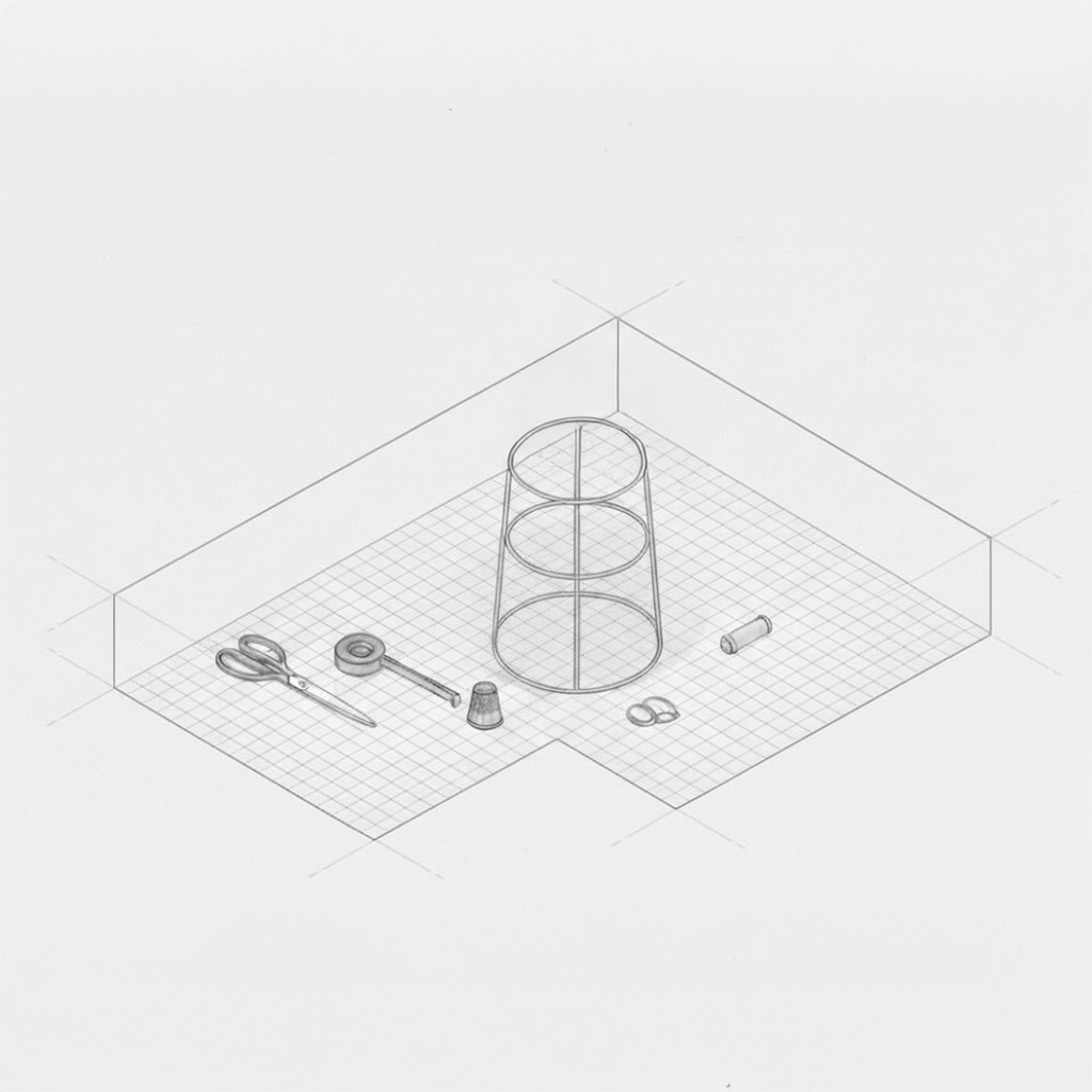 An isometric line drawing showing a wire lampshade frame on a gridded workspace alongside essential tools: scissors, a measuring tape, a thimble, and a spool of thread.
