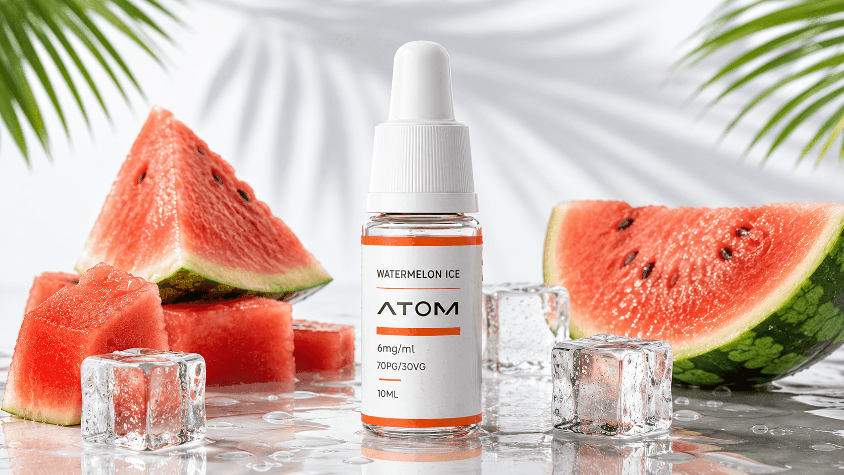 ATOM Watermelon Ice e-liquid bottle with fresh watermelon slices and ice cubes in a bright summer display.