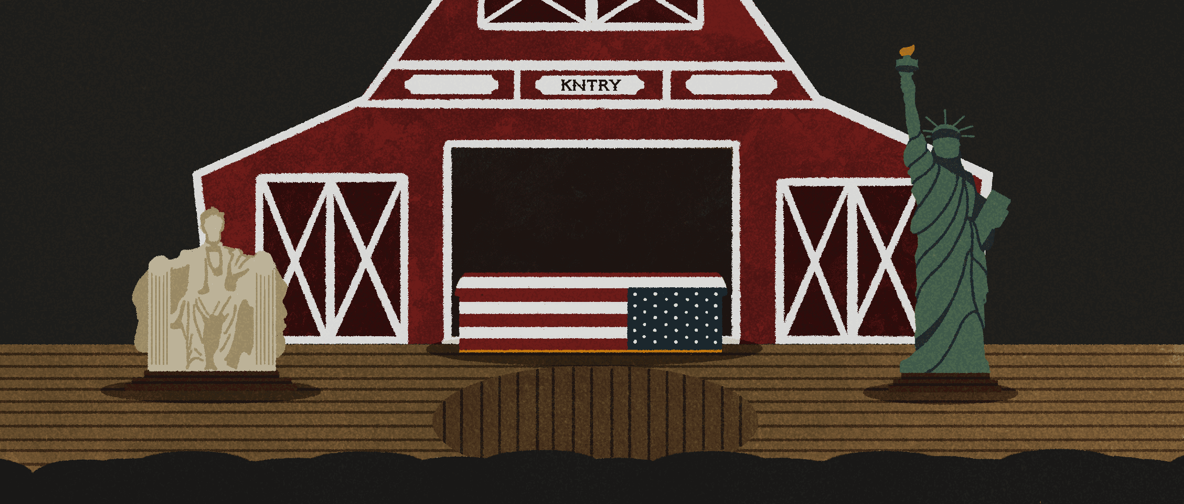 Illustration of Grand Ole Opry stage with a flag-draped casket and iconic American landmarks shown: the Lincoln Memorial and the Statue of Liberty.