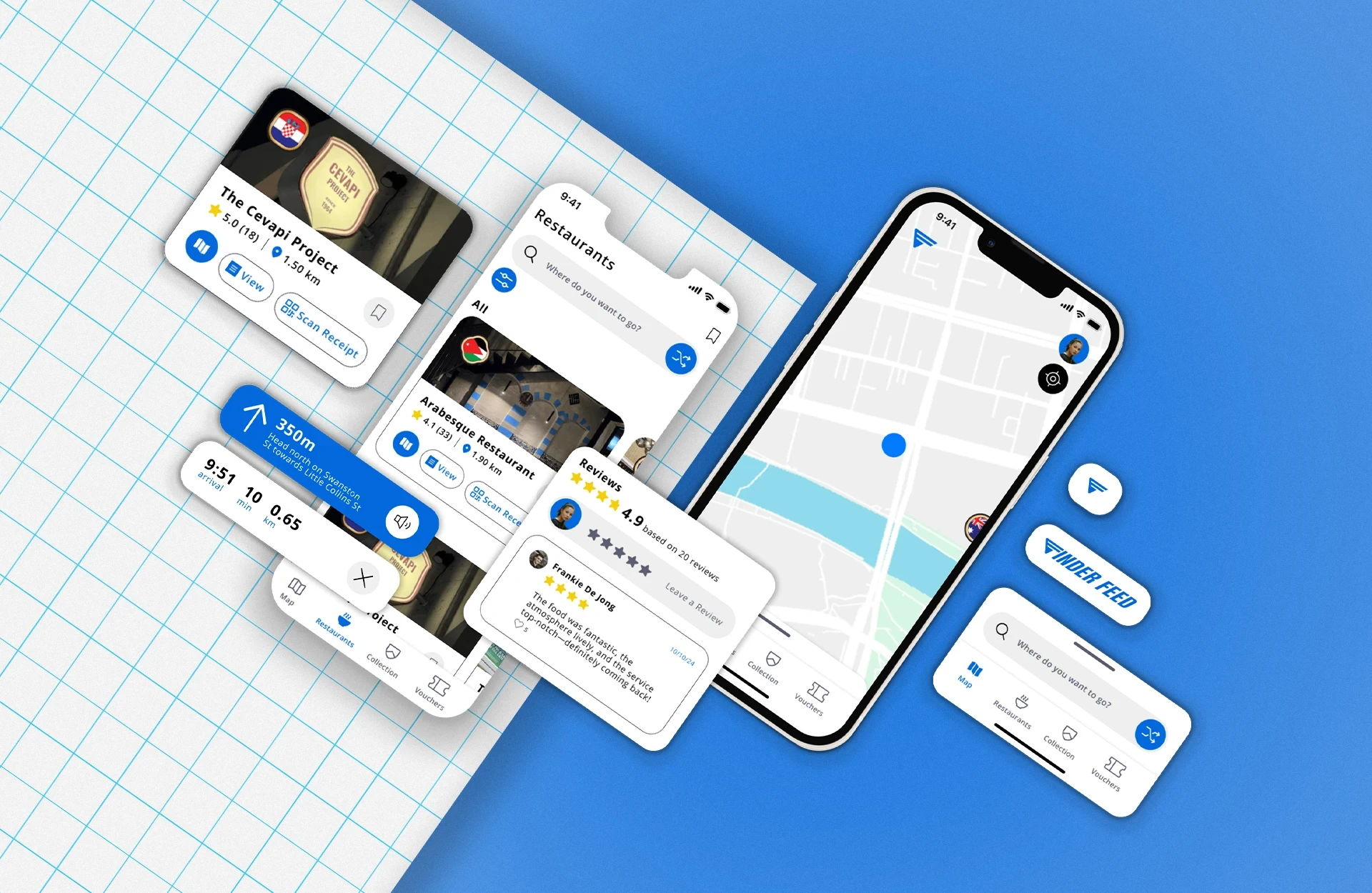 Diagonal phone UI structure mockup with Finder Feed app