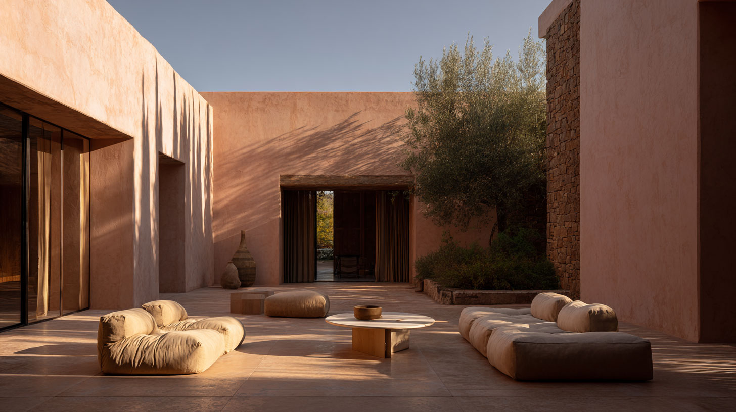 Moderner, in 3D gerenderter Innenhof mit minimalistischen beigen Möbeln, niedrigen Sofas, einem runden Couchtisch und erdigen rosa Putzwänden. Das Sonnenlicht wirft Schatten, und die Bepflanzung verleiht dem ruhigen CGI-Außensitzbereich einen natürlichen Touch.