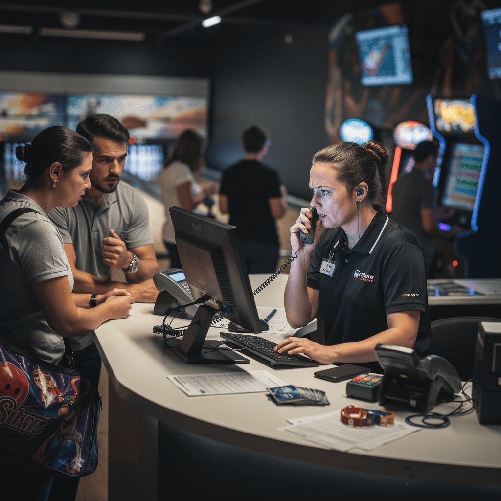 A young person with curly hair smiles at the camera while sitting in front of a laptop against a dark background.
