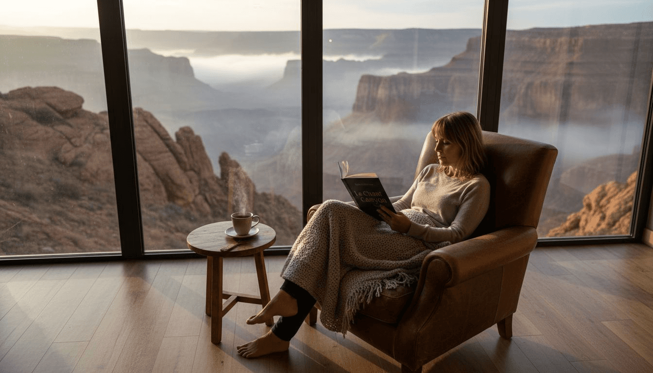 Une femme plongée dans sa lecture, installée confortablement dans un lodge avec vue imprenable sur le canyon.