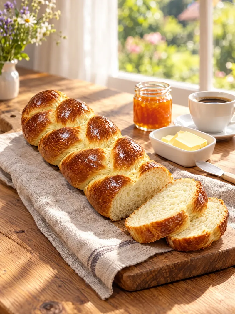 Mit KI erstelltes Werbebild: derselbe Butterzopf angeschnitten auf einem Frühstückstisch am Fenster, mit Butter, Konfitüre und Kaffee