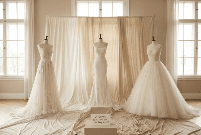 Bride comparing wedding dress silhouettes in a couture atelier fitting mirror