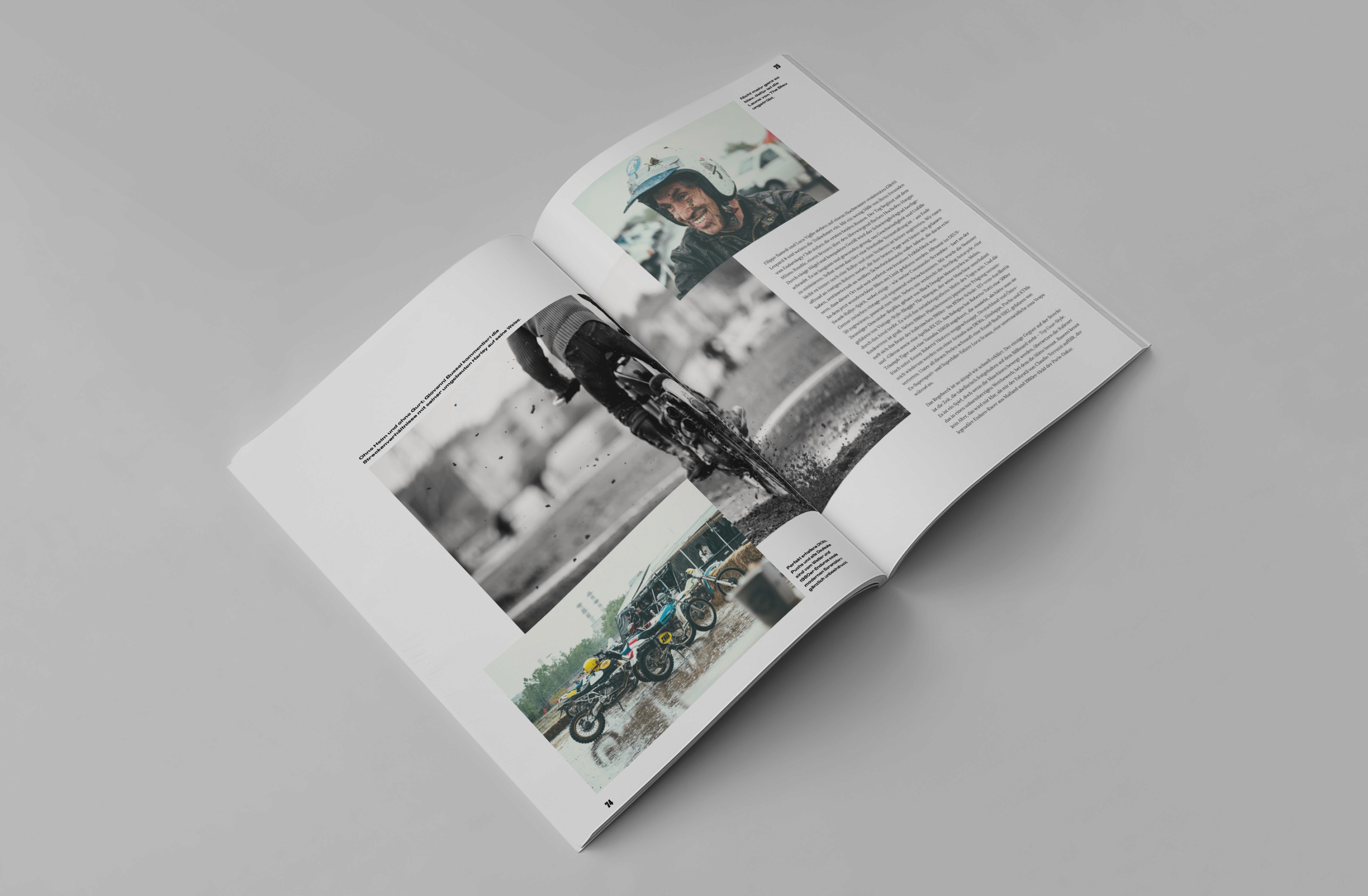 Open magazine spread featuring off-road motorcycle action shots and detailed articles on dirt biking.