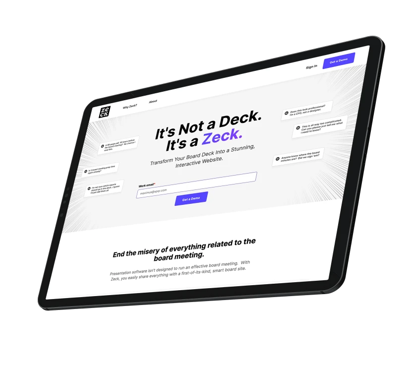 A slanted view of a computer monitor displaying a web page with the headline "It's Not a Deck. It's a Zeck," referring to a new approach to board meetings.