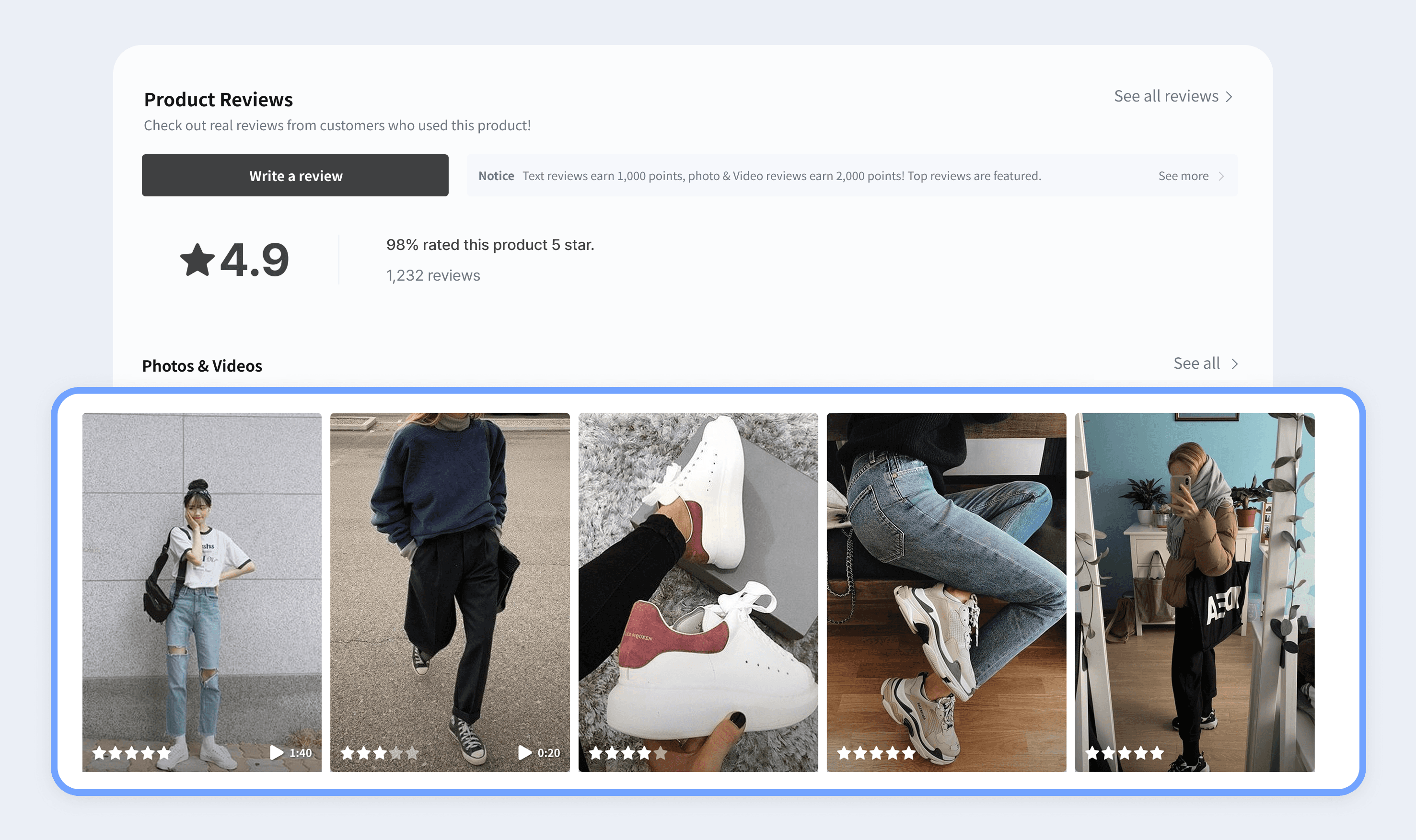 Vertical style photo and video review gallery