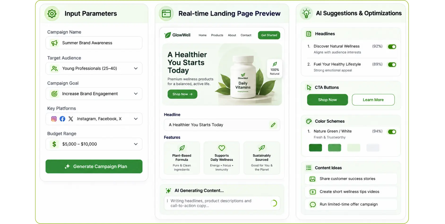 Campaign planning interface with landing page preview and AI suggestions