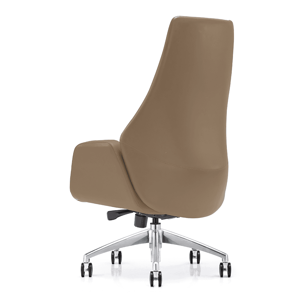 Rear three-quarter view of a tan leather executive office chair, showing the seamless wrap-around upholstery, reinforced stitching, and a polished aluminum base with smooth-rolling casters.