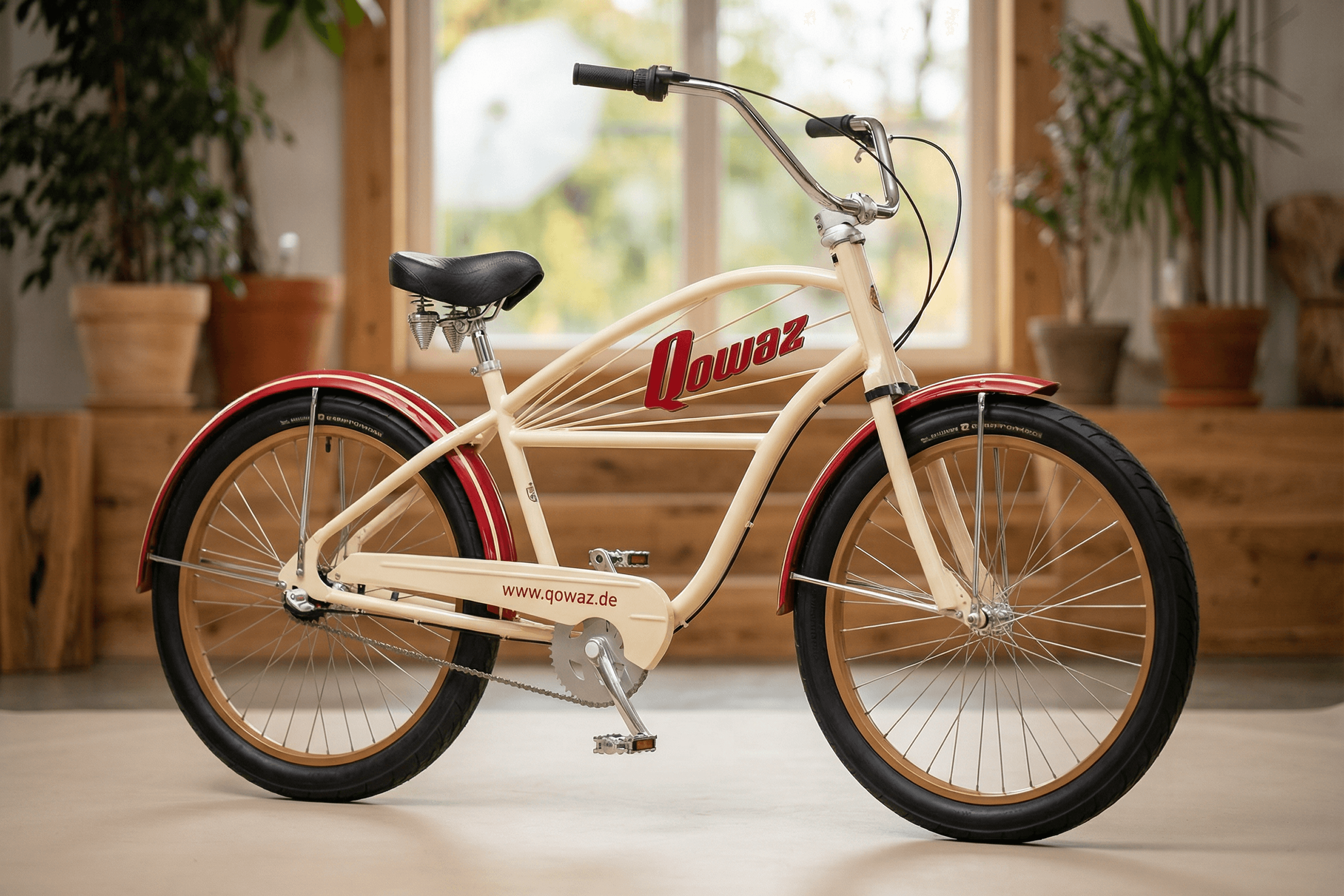 Cream cruiser bicycle with red trim and Qowaz logo.