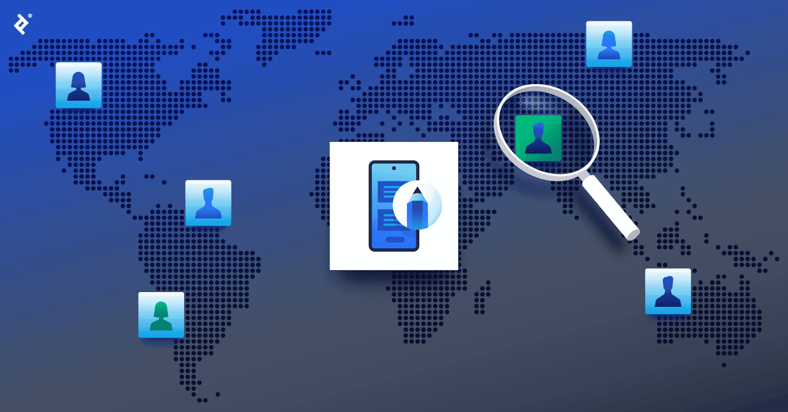 The UI Design logo over a global map, with blue developer icons in various locations and a magnifying glass over a green developer icon.